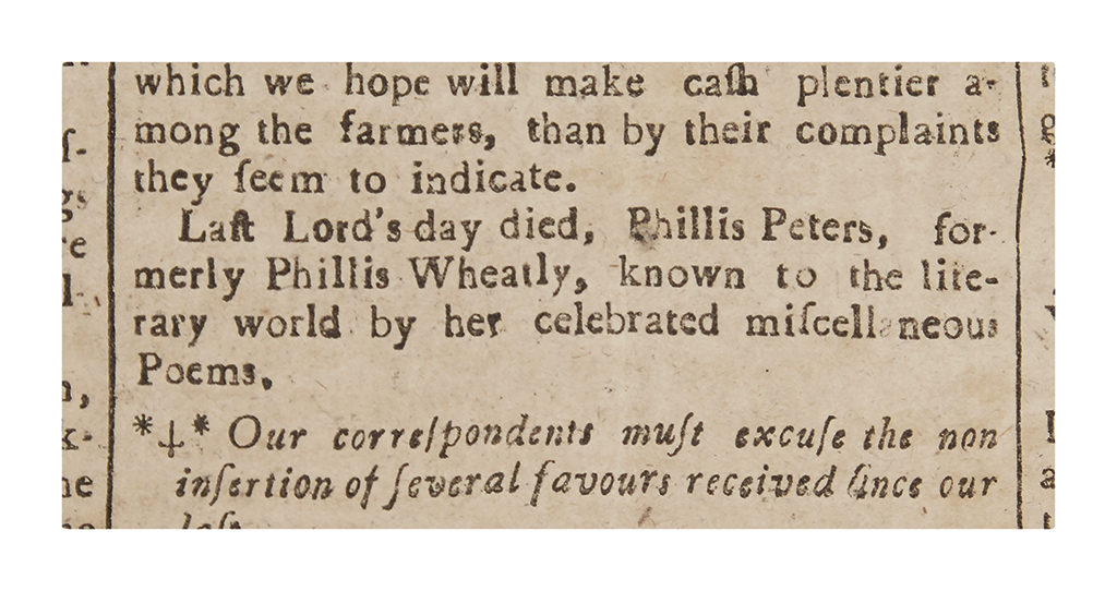 (LITERATURE.) Death notice of Phillis Wheatly in the Massachusetts Centinel.